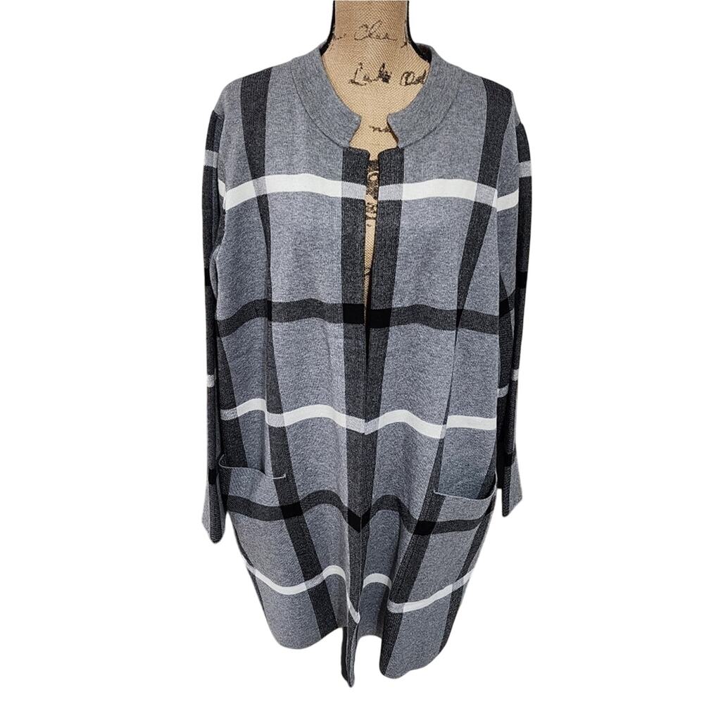 Tahari Grey, black and white windowpane duster length cardigan‎ sweater plus 3X